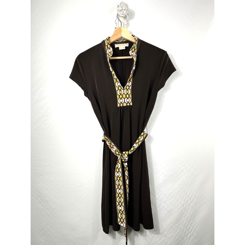 Michael Kors Mini Dress Small Belted 90s‎ Y2K Disco V-Neck Chocolate Brown